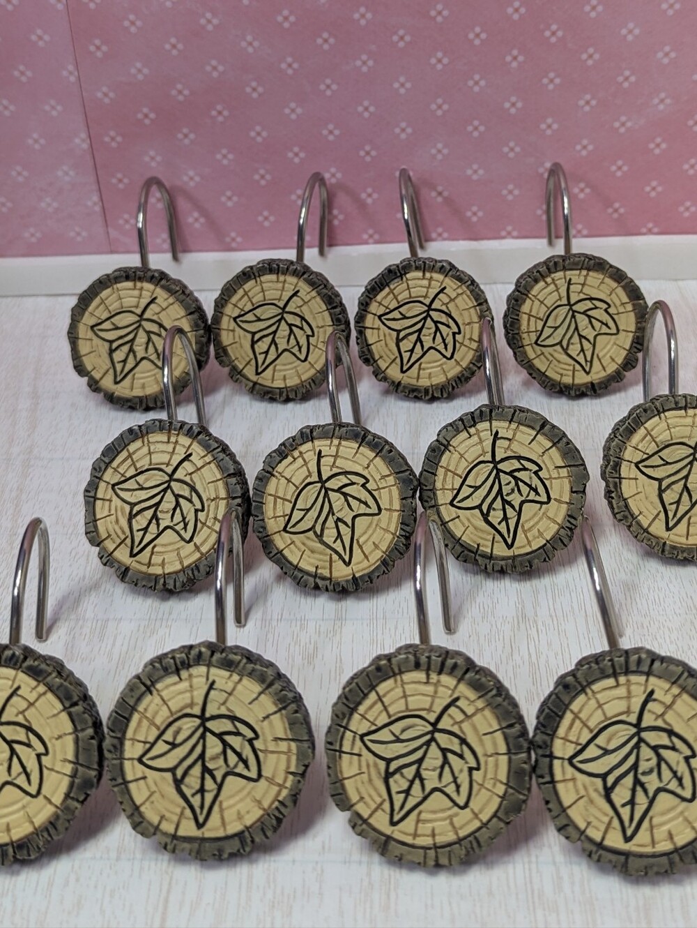 Rustic Wood Faux Log Slice Shower Curtain Hooks Resin Ivy Tree Leaf Cabin Decor